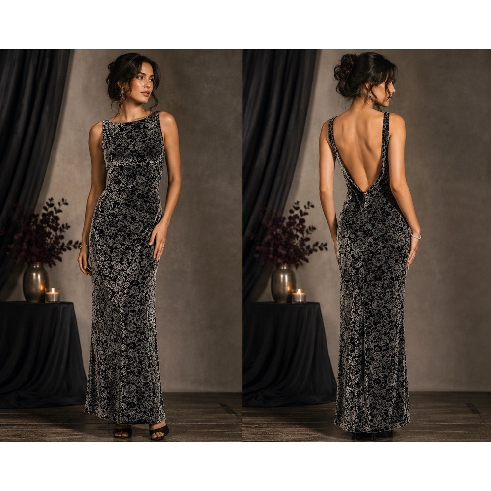 Rhapsody Maxi Gown 8 Black Silver Velvet Burnout Open Back 90's Column Goth